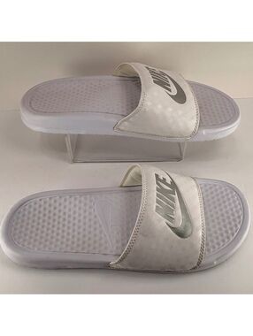 Nike Benassi JDI White Metallic Silver Slides Women’s Size 8